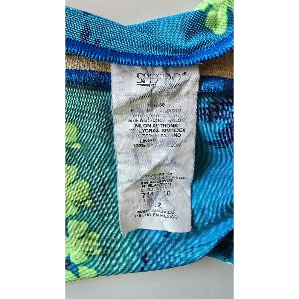 Speedo 1 Piece Swimsuit Girls 12 Floral Blue Green Racerback Athletic VTG Sporty
